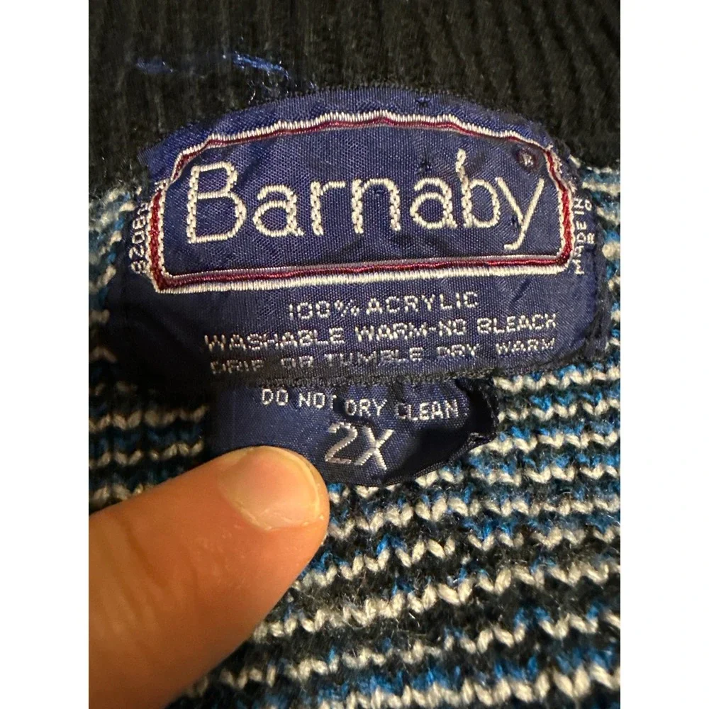 Vintage Barnaby Men 2X Cardigan Sweater Blue Black White Geometric Abstract Knit